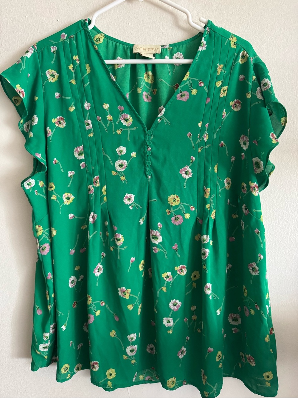 Cynthia Rowley Emerald Green Floral Pintuck V-Neck Blouse